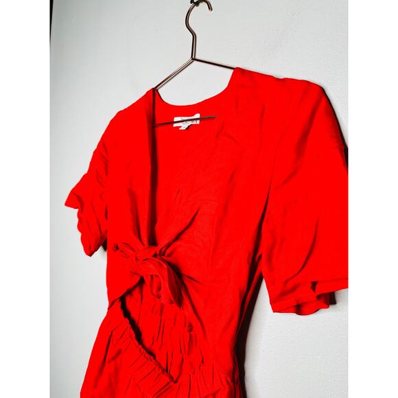 THAKOON Women's Red Linen Blend Tie-Front Short Sleeve V-Neck Romper Size 2 - Picture 4 of 9